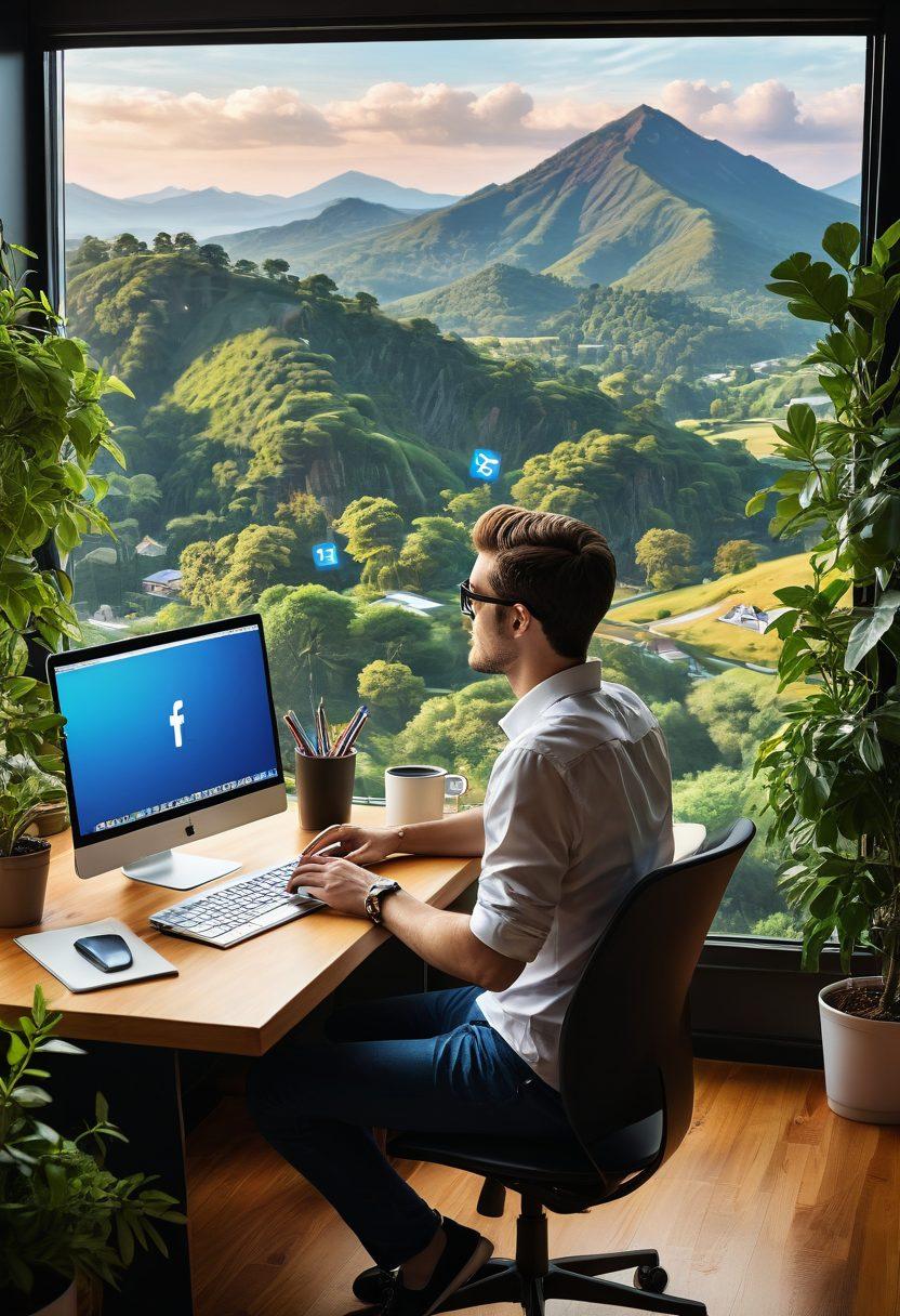 A dynamic scene depicting a blogger enthusiastically engaging with an audience through a laptop, surrounded by colorful social media icons and SEO elements like graphs and keywords floating around. The background features vibrant landscapes symbolizing online growth and connectivity, with a warm, inviting atmosphere. super-realistic. vibrant colors. 3D.