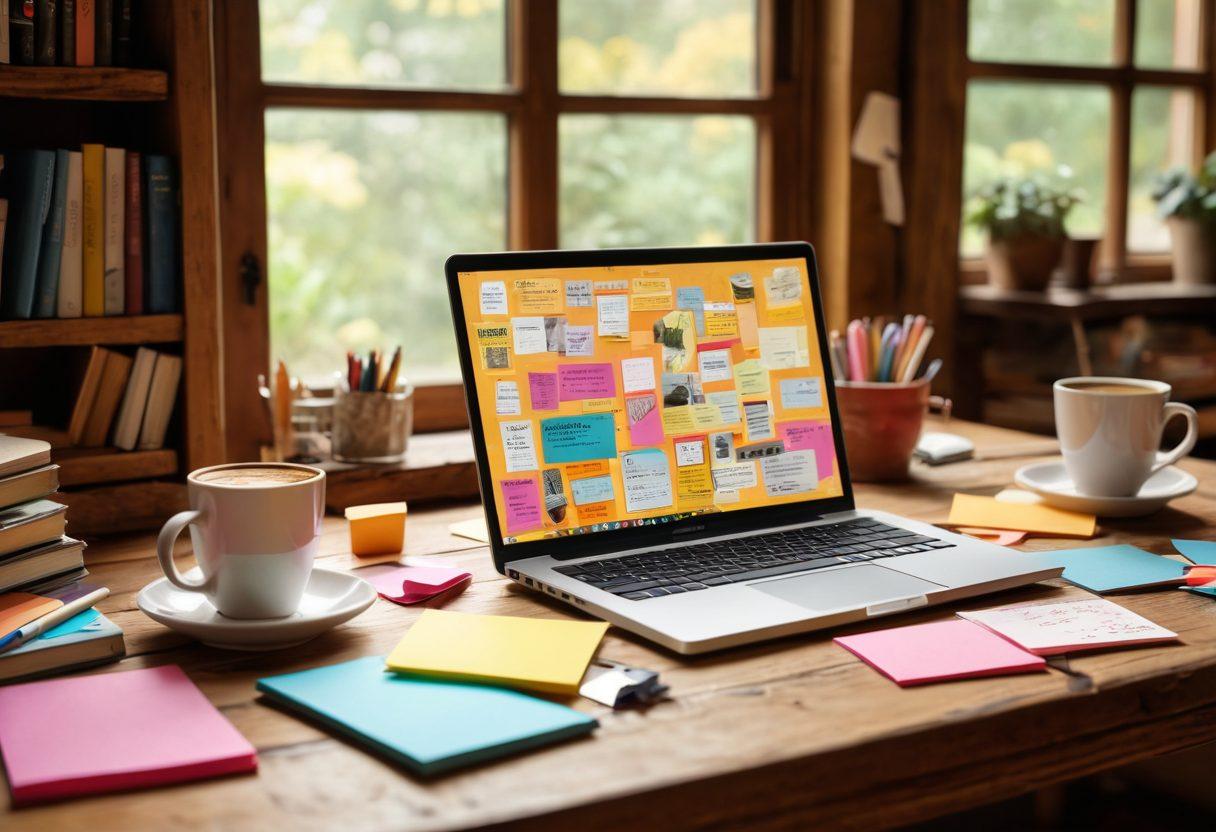 A stylized laptop on a wooden desk, surrounded by colorful sticky notes and a steaming cup of coffee. The screen displays a vibrant blog layout with engaging graphics. In the background, a bookshelf filled with books on blogging, creativity, and digital marketing, with soft natural light streaming in through a nearby window. Artistic, warm tones, and a cozy atmosphere. super-realistic. vibrant colors. painting.