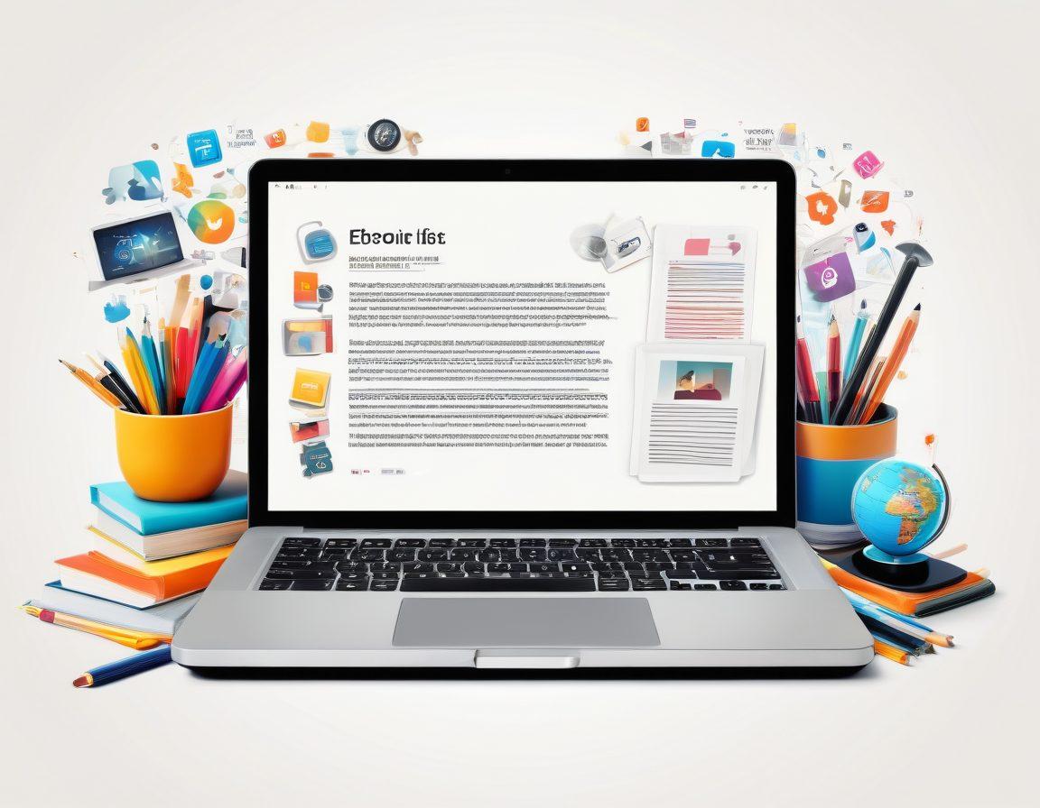 A vibrant collage representing a diverse range of digital tools and resources for bloggers, featuring a laptop with an open blog interface, colorful icons of social media platforms, books stacked with blogging tips, a coffee cup, and a globe symbolizing the digital landscape. Include a mix of warm and cool colors to evoke creativity and inspiration. vector art. bright colors. white background.